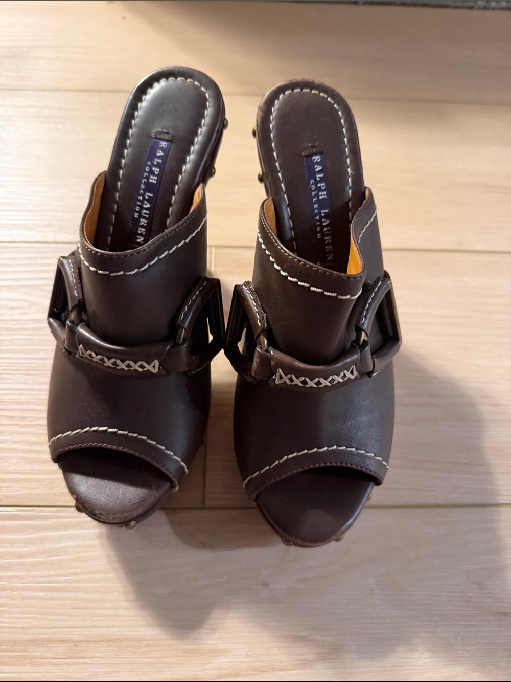 Ralph Lauren Brown Leather Open-Toe Buckle Mules